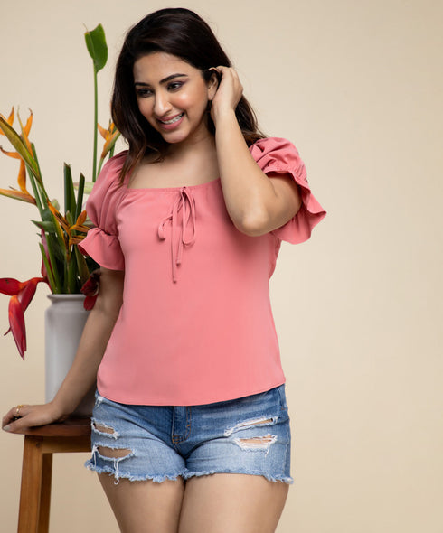 Pink Square Neck Front Knot Top