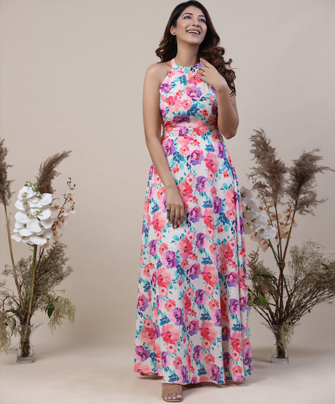Halter Neck Floral Printed Chiffon Maxi