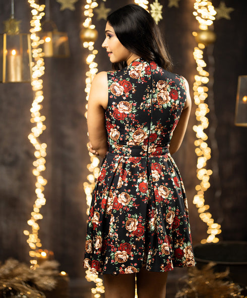 Dark Floral Roses Printed Mini Dress
