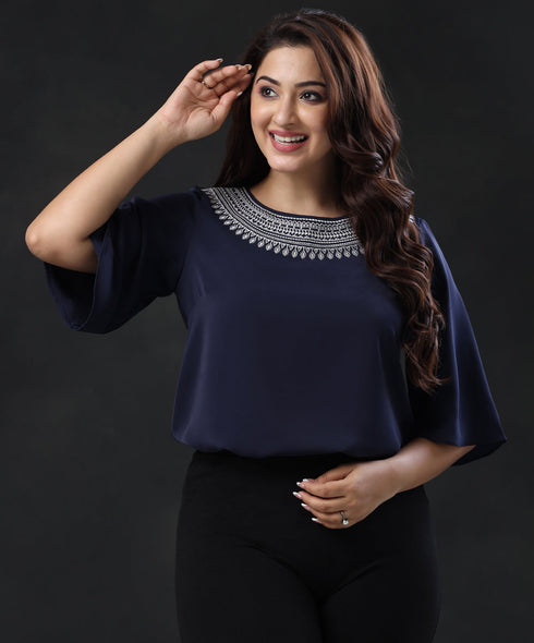 Round Neck Embroidered Blue Top