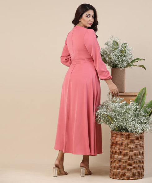 Vneck Chiffon Solid Pink Dress