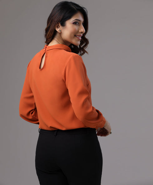 Neck Twisted Long Sleeve Orange Top
