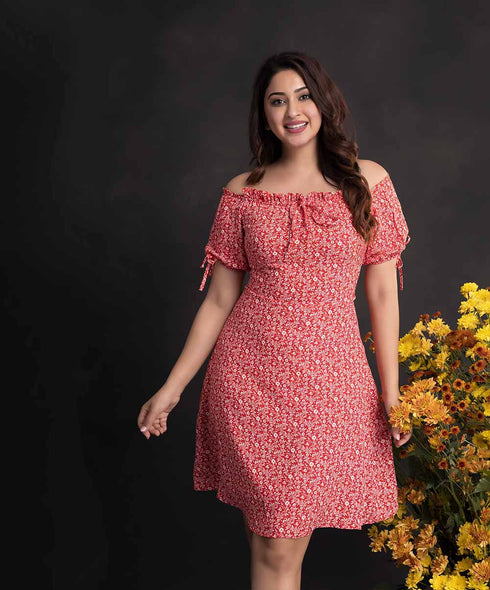 Red Off Shoulder Printed Mini Dress