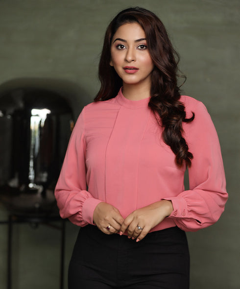 Long Sleeve Front Pleated Pink Top