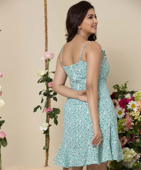 V Neck Frilled Micro Printed Strappy Dress