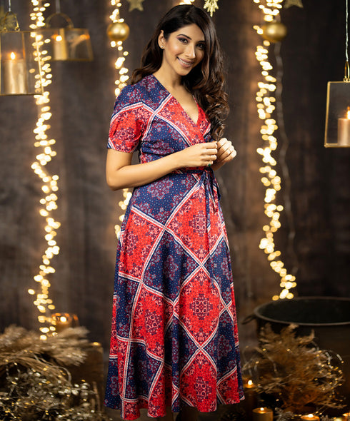 Red And Blue Midi V Neck Dress