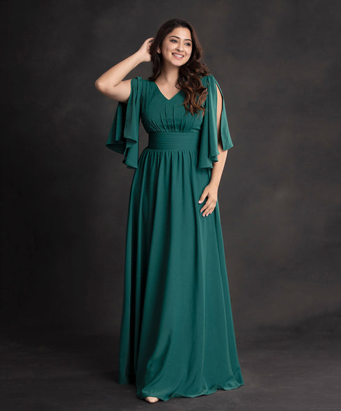 Green Front Slit Sleeve Flared Maxi