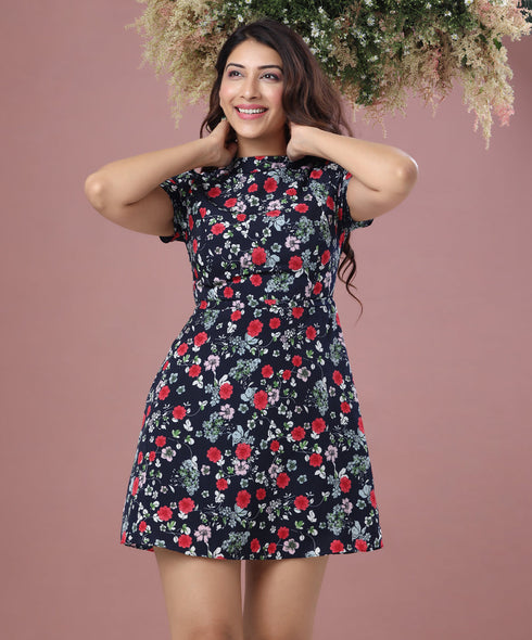 Printed High Neck Mini Dress