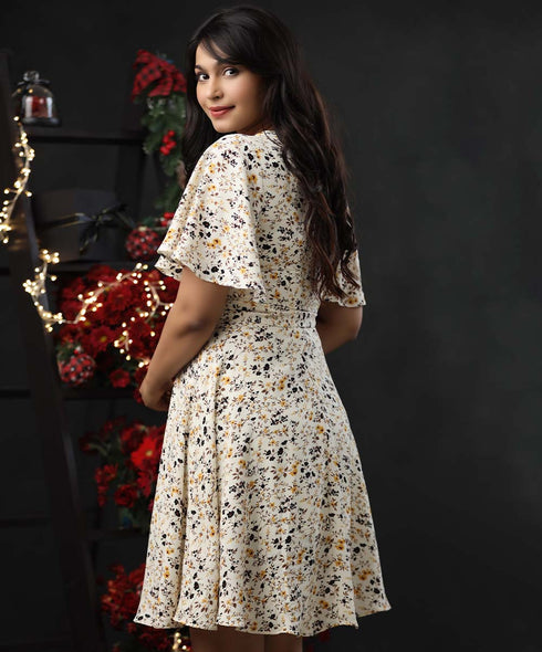 Sleeve Flared Vneck Chiffon Skater Dress