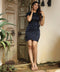 Satin Puffed Sleeve Mini Navy Dress