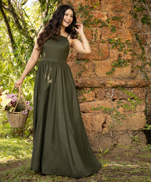 Green Halter Neck Linen Maxi