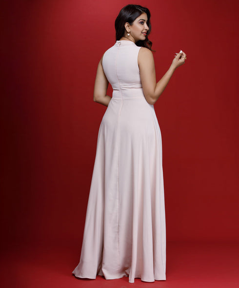 Beige And Black Chiffon Halter Neck Maxi