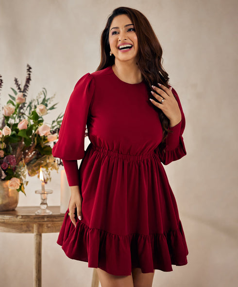 Puffed Sleeve Maroon Mini Dress