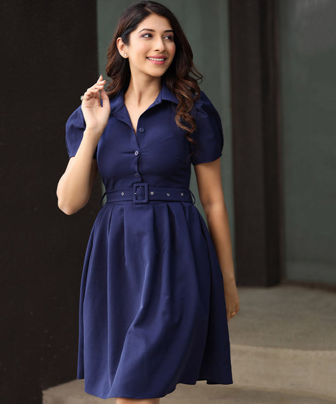 Pleated Buttoned Navy Blue Dress
