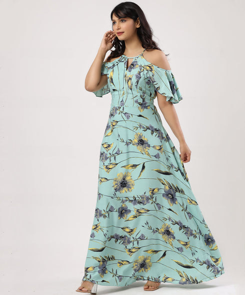Blue Wind floral Cold Shoulder Maxi