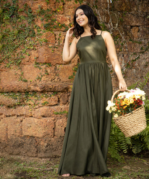 Green Halter Neck Linen Maxi