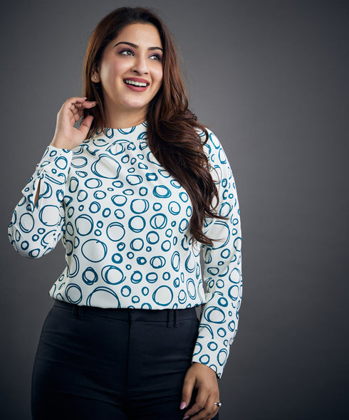 Long Sleeve Chiffon Blue Printed Top