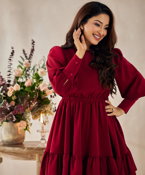 Puffed Sleeve Maroon Mini Dress