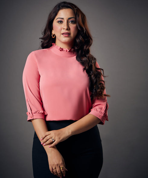Neck And Sleeve Frilled Pink Top