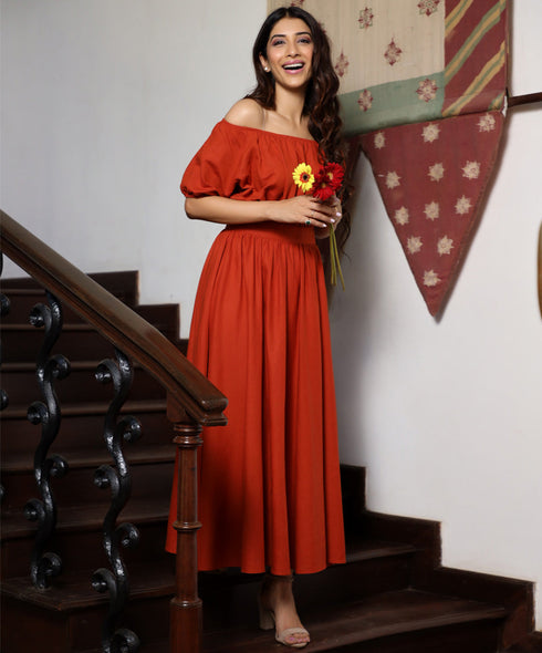 Tangerine Goddess Off Shoulder Linen Maxi