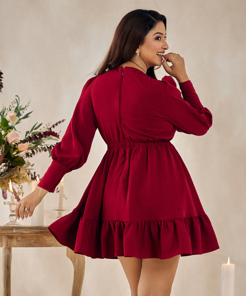 Puffed Sleeve Maroon Mini Dress