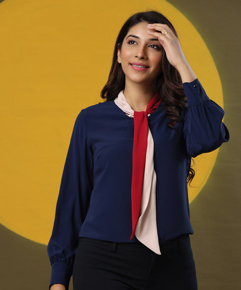 Contrast Tie Chiffon Top