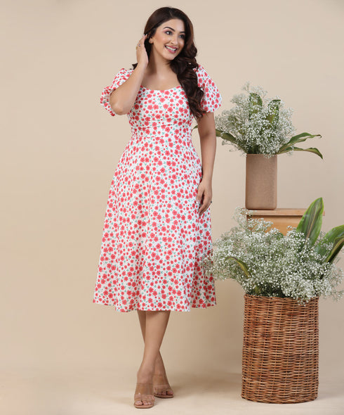 Curve Neck Puffed Sleeve Midi Dress