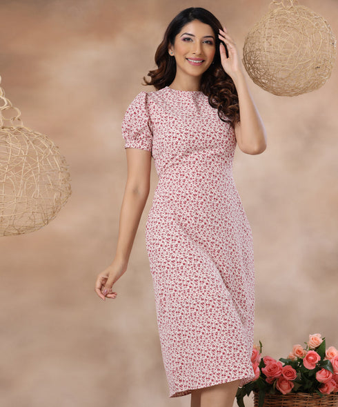 Round Floral Ditsy Puffed Sleeve Dress