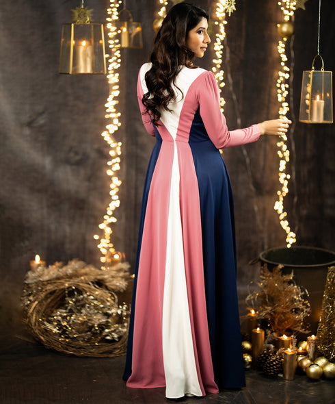 Pink Blue Off White Panel Chiffon Maxi