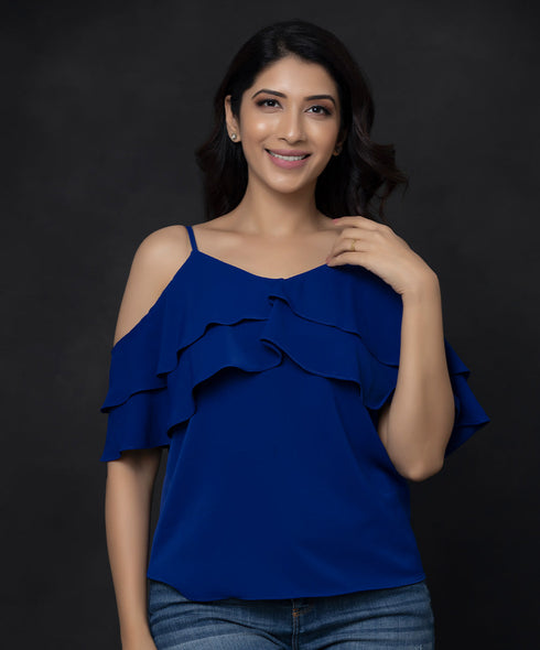 Double Frilled Chiffon Royal-Blue Top