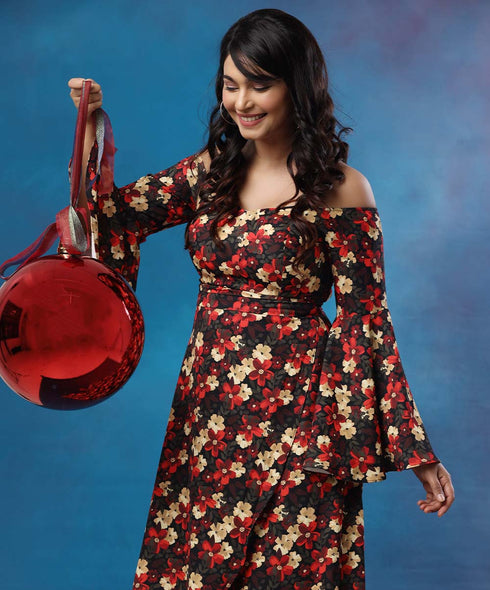 High Low Printed Sleeve Flared Maxi