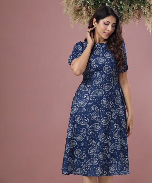 Puff Sleeve Paisley Printed Dress