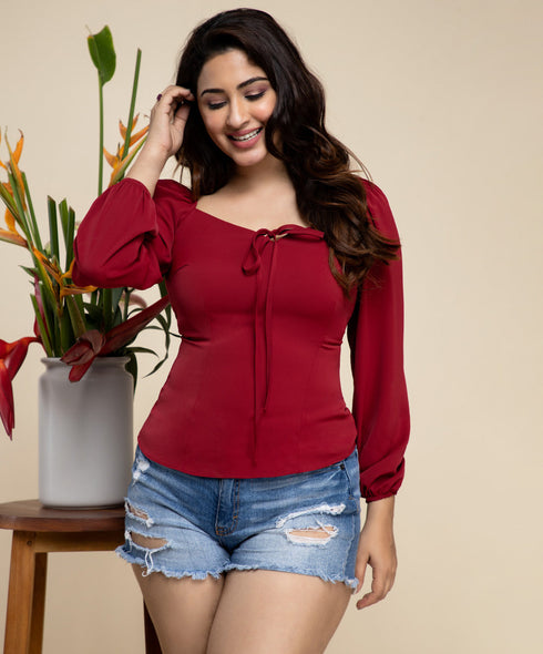 Maroon Knot Front Lantern Sleeve Top