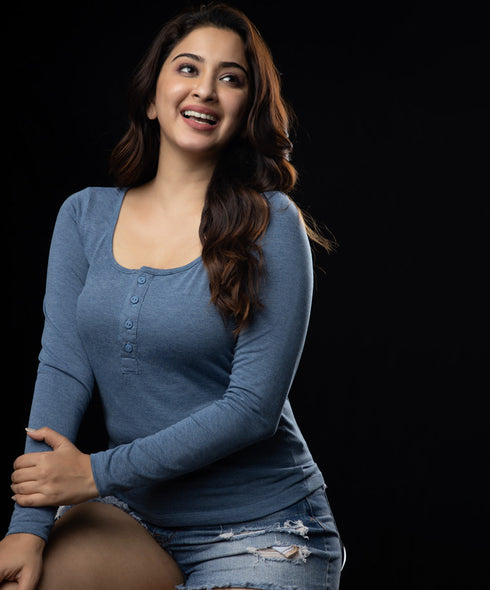 Blue Marl Front Button Long Sleeve Tshirt