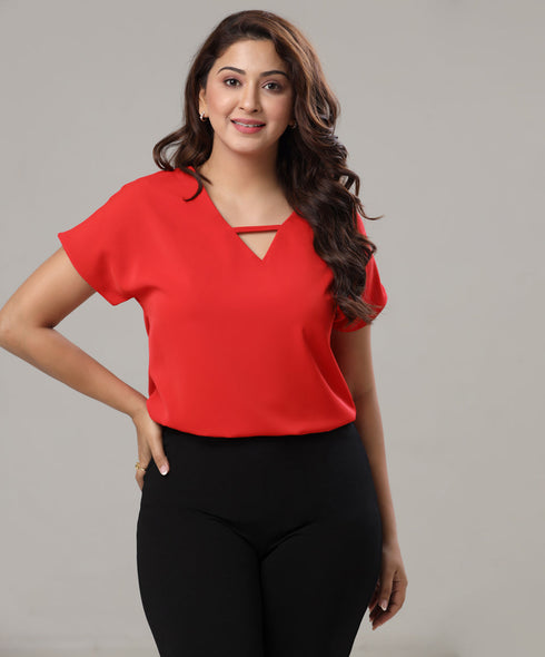 V-Cut Front Batwing Sleeve Red Top
