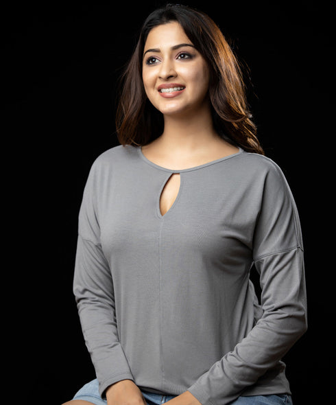 Front Key Hole Grey Long Sleeve Tshirt