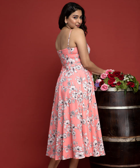 Pink Base Floral Spaghetti Strap Dress