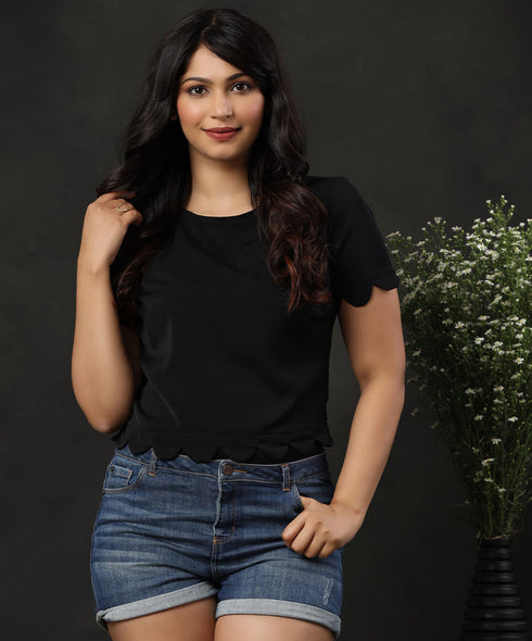 Scallop Trim Keyhole Back Black Blouse