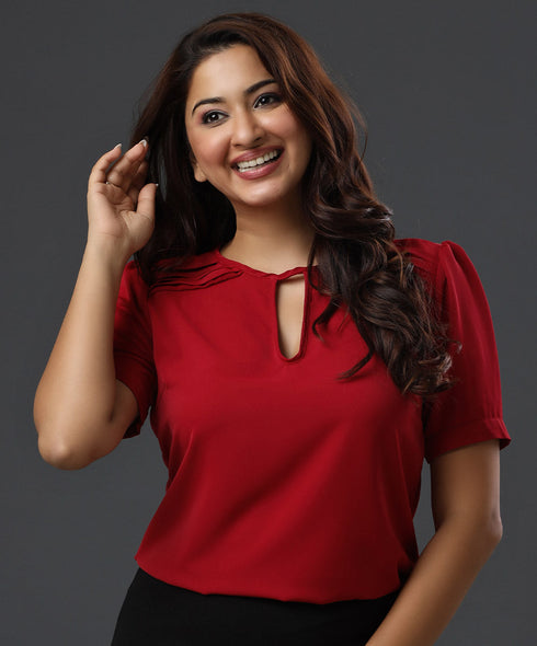 Shoulder Pleat Detailed Red Chiffon Top