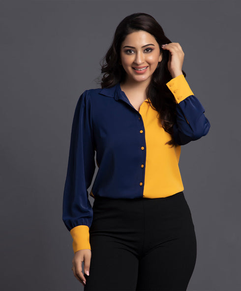 Blue And Mustard Contrast Formal Shirt