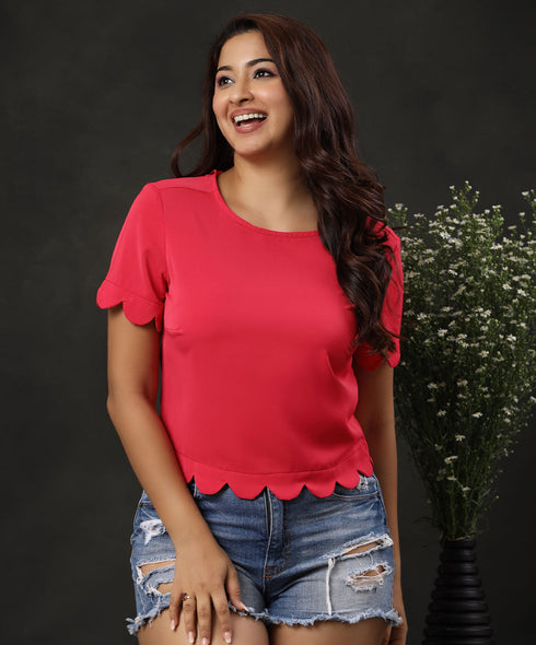 Scallop Trim Keyhole Back Pink Blouse