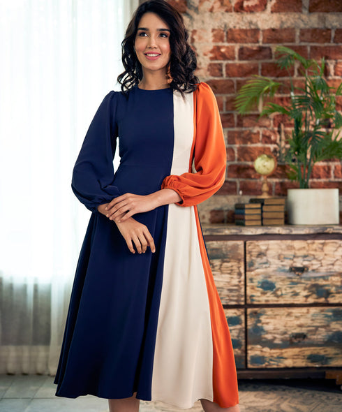 Three Tone Colour Contrast Midi Dress
