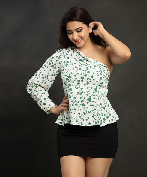 Pintuck One Shoulder Printed Chiffon Top