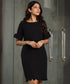 Scalloped Sleeve Frilled Shift Black Dress