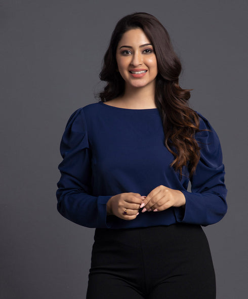 Navy Blue Detailed Chiffon Top