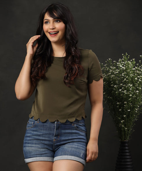 Scallop Trim Keyhole Back Green Blouse