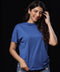 Side Gathered Crew Neck Blue T-shirt