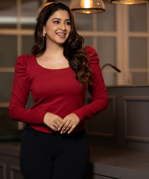 Maroon Ponte Sleeve Puffed Gathered Top