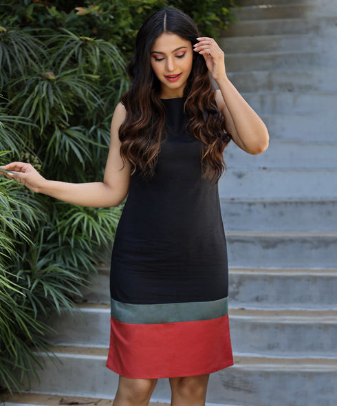 Black Grey Orange Border Linen Dress