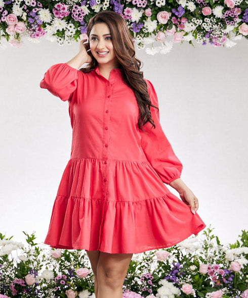 Mini Puffed Sleeve Red Cotton Dress